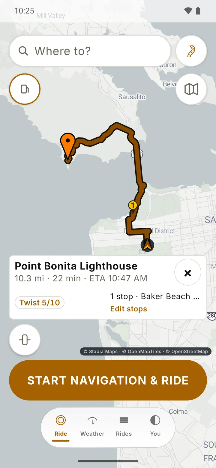 RIDE route to Point Bonita Lighthouse: 10.3 miles, 22 minutes, one stop, a Twist score of 5 out of 10, and the Start navigation button.