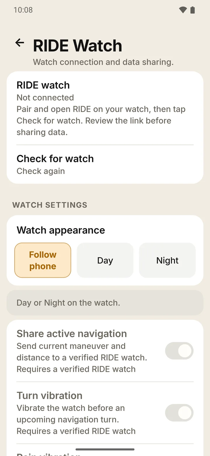 The RIDE Watch page on the phone with no watch connected: watch appearance Follow phone, Day or Night, share active navigation and turn vibration.