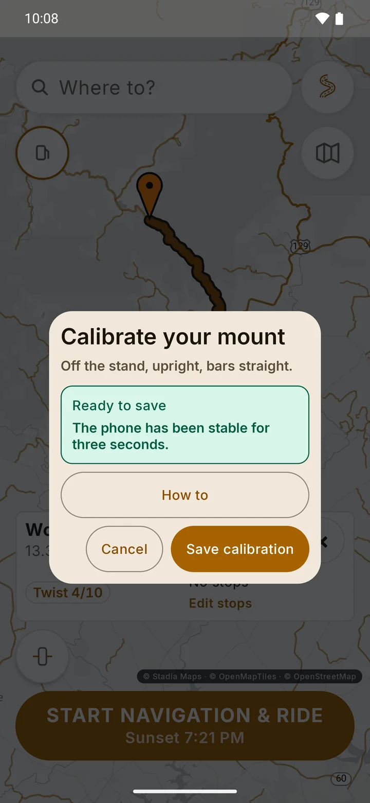RIDE Calibrate your mount dialog: off the stand, upright, bars straight, with a green Ready to save status saying the phone has been stable for three seconds, and How to, Cancel and Save calibration buttons.