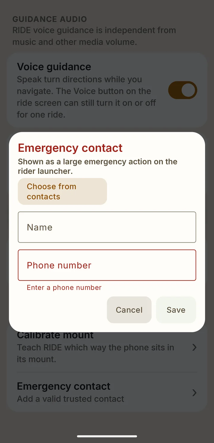 RIDE Emergency contact dialog with a Choose from contacts button and Name and Phone number fields.