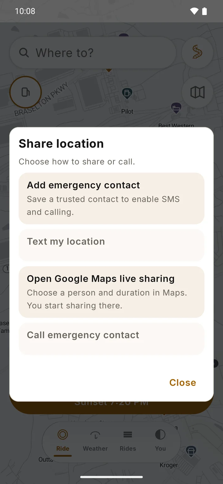 RIDE Share location dialog: Add emergency contact, Text my location and Call emergency contact (the last two greyed until a contact is saved), and Open Google Maps live sharing, with a Close button.