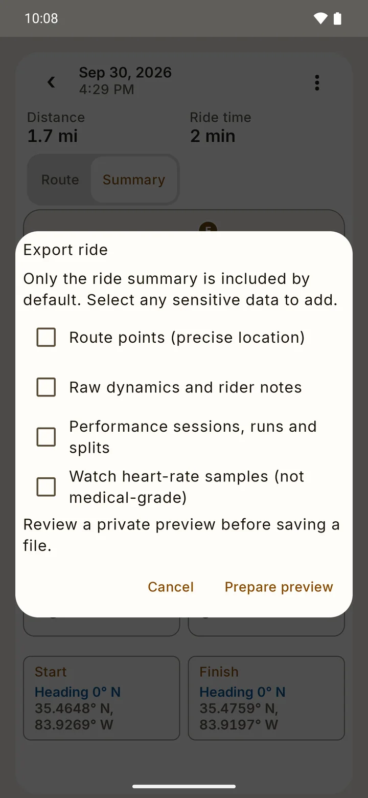 RIDE Export ride dialog: a summary by default, with checkboxes to add route points, raw dynamics, performance sessions and watch heart-rate samples.