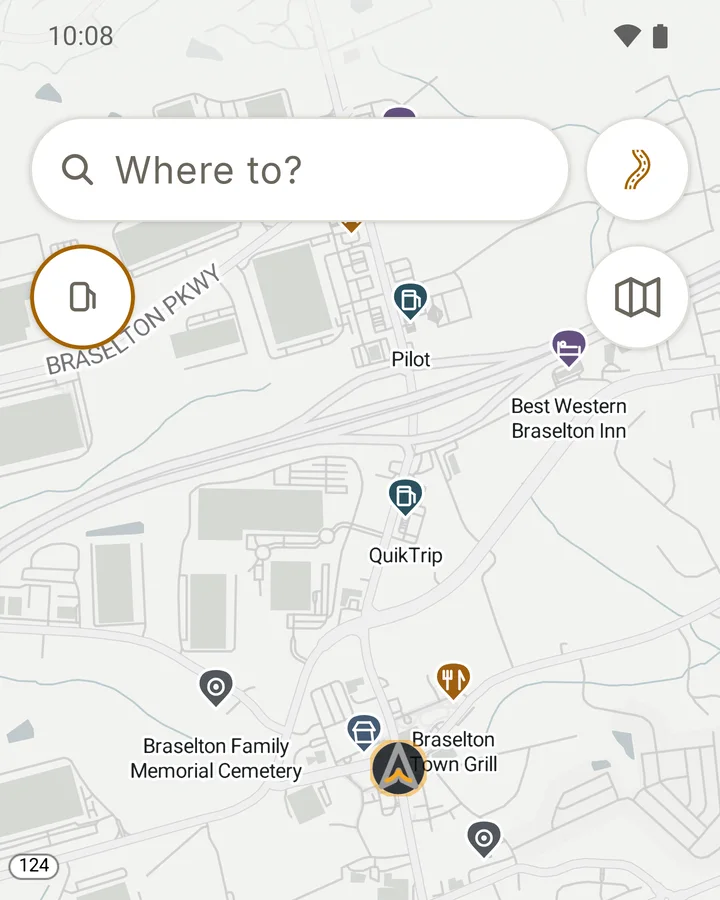 RIDE Ride map at street zoom: a Where to? search field, the twisty-roads and map-controls buttons, and place icons for fuel, food, lodging and parks drawn on a light map around the rider.