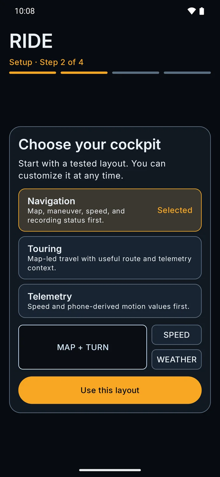 RIDE setup step Choose your cockpit, with Navigation, Touring and Telemetry cards and a Use this layout button.