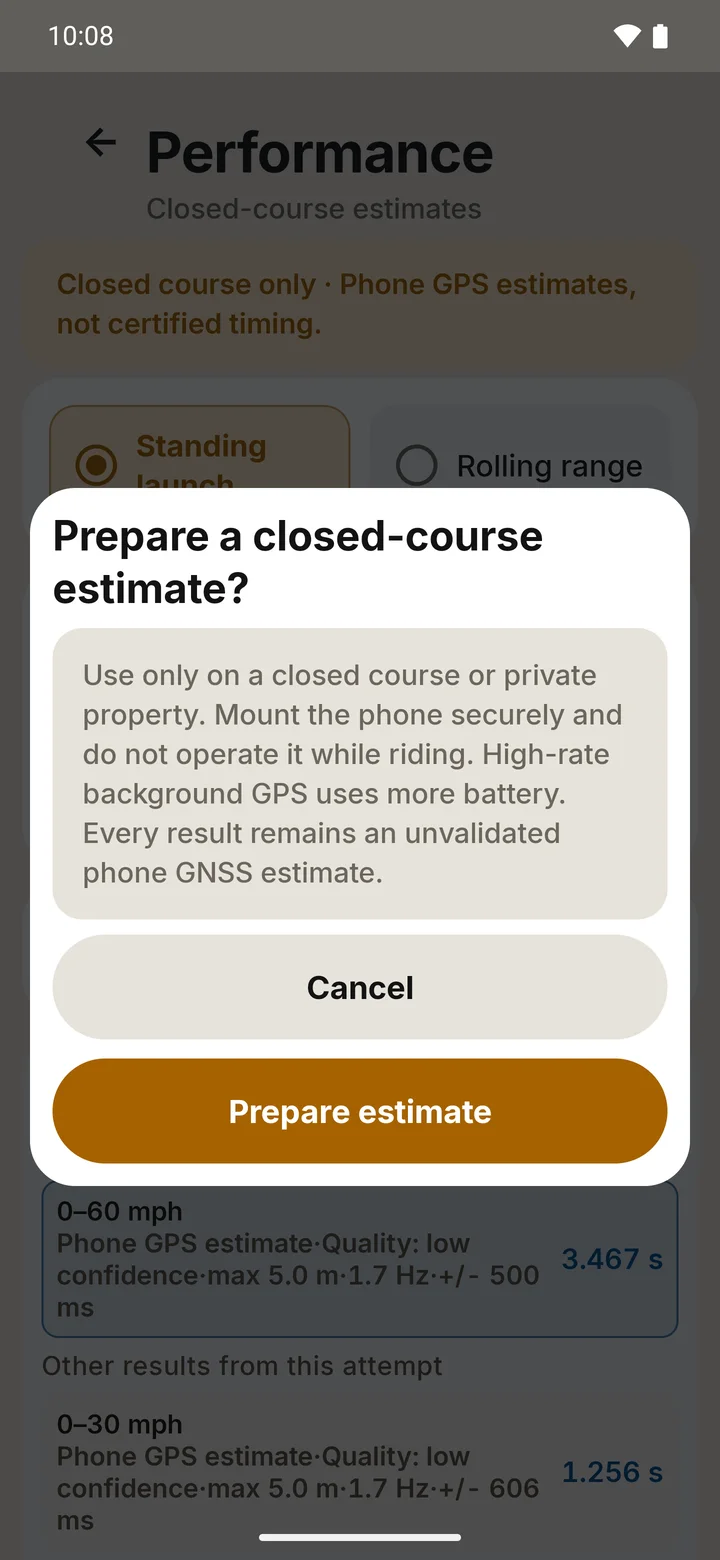 RIDE dialog Prepare a closed-course estimate, asking you to use it only on a closed course or private property and to mount the phone securely.