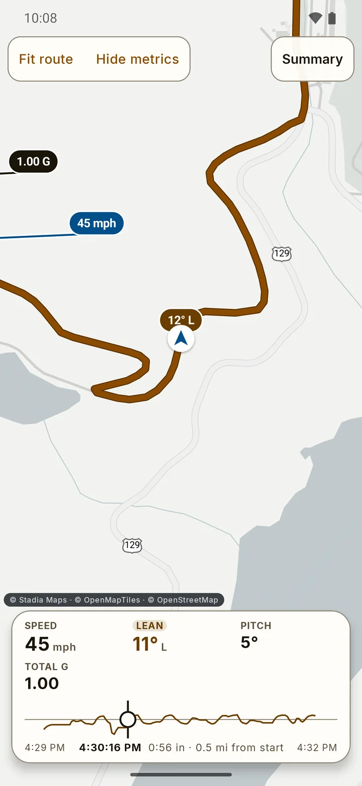 RIDE ride replay after tapping the left peak lean pin: the map zoomed to that corner, with the rider arrow and the Lean tab open in the timeline dock.