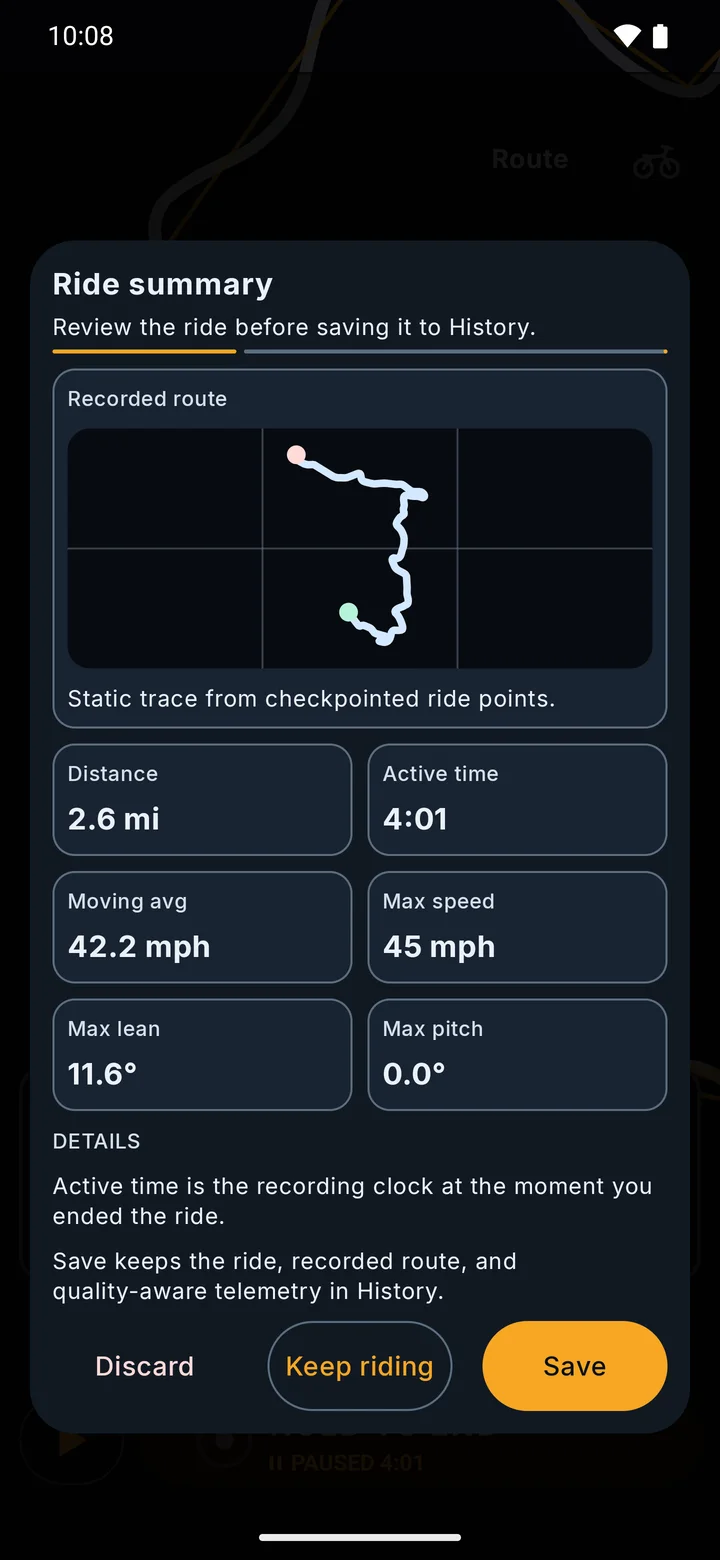 RIDE ride summary review in the Dark theme: the recorded route trace, distance, active time, moving average, max speed, max lean and max pitch, and Discard, Keep riding and Save buttons.