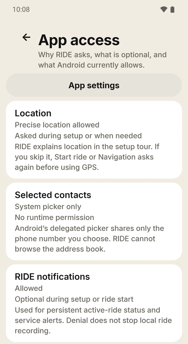 RIDE App access page: an App settings button and cards for Location, Selected contacts and RIDE notifications, each explaining why RIDE asks and what is optional.