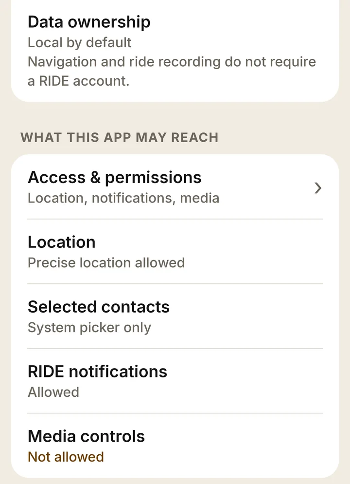 RIDE Data and privacy settings: a Data ownership row reading Local by default, then the What this app may reach section with Access and permissions, Location, Selected contacts, RIDE notifications and Media controls.