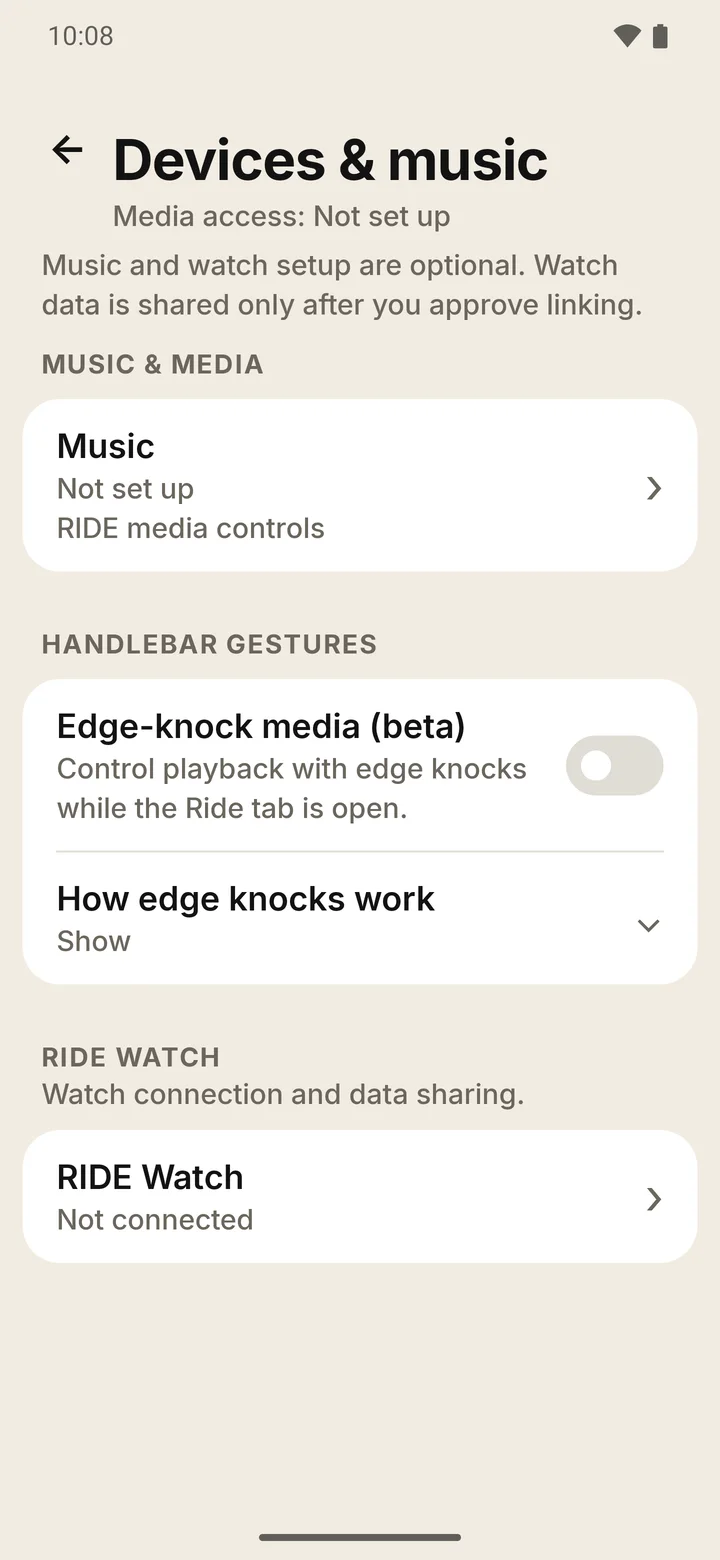 RIDE Devices and music settings: Music, handlebar gestures with the Edge-knock media beta switch turned off, and a RIDE Watch row.