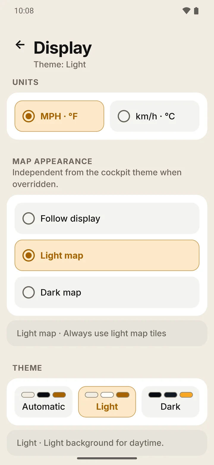 RIDE Display settings in the Light theme: units, map appearance and the Automatic, Light and Dark theme choices.