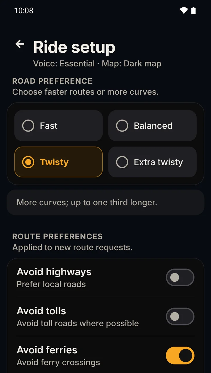 RIDE Ride setup settings in the Dark theme: the road preference choices Fast, Balanced, Twisty (selected) and Extra twisty, then route preferences to avoid highways, tolls and ferries.
