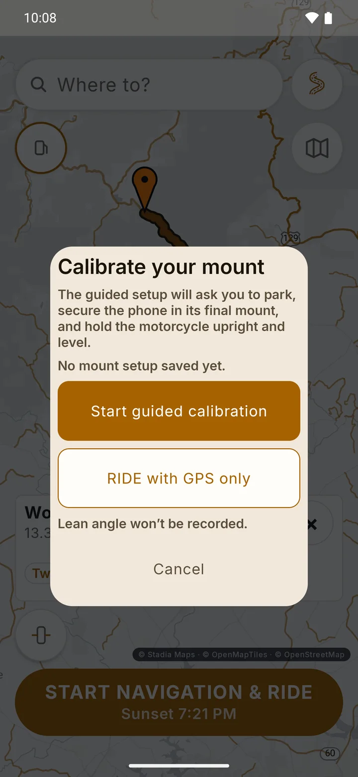 RIDE start screen offering Start guided calibration, or RIDE with GPS only, in which lean angle is not recorded.