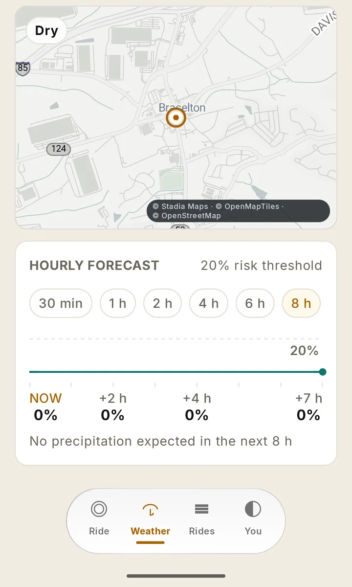 RIDE Weather tab scrolled to the hourly forecast: a map card, range chips from 30 minutes to 8 hours and a rain-probability strip.