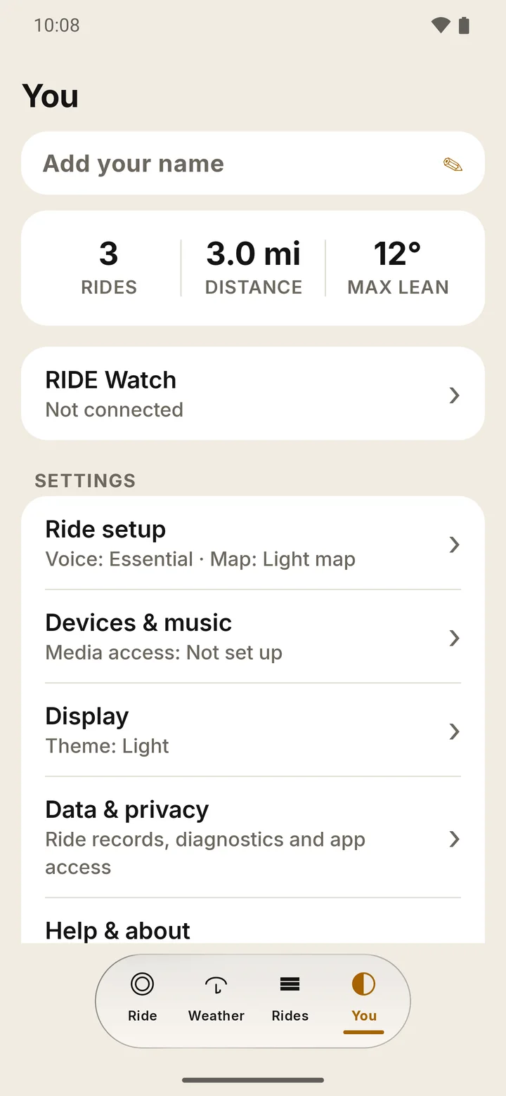 RIDE You tab: your ride totals and a RIDE Watch card above the list of settings pages.